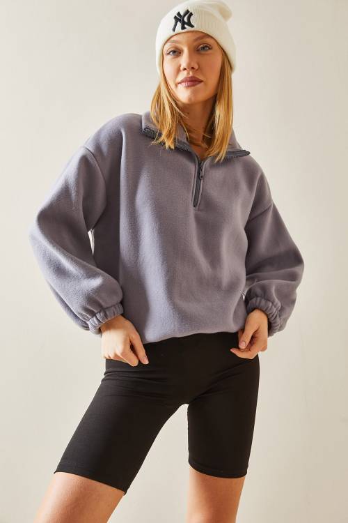 Gri Fermuarlı Dik Yaka Polar Sweatshirt 4KXK8-47854-03 - 5
