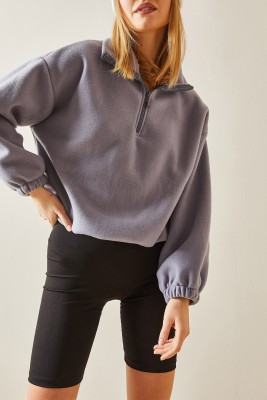 Gri Fermuarlı Dik Yaka Polar Sweatshirt 4KXK8-47854-03 