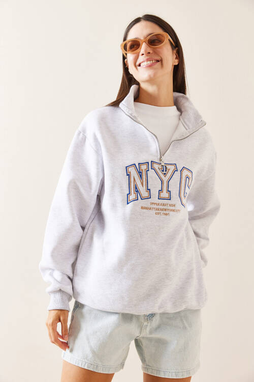 Gri Fermuarlı Dik Yaka Sweatshirt 5YXK8-48908-03 - 4