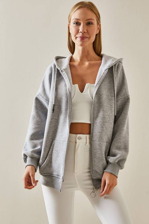 Gri Fermuarlı Kapüşonlü Sweatshirt 4KXK8-47606-03 - 2