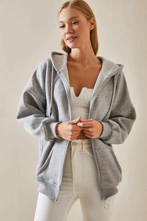 Gri Fermuarlı Kapüşonlü Sweatshirt 4KXK8-47606-03 - 3