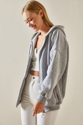 Gri Fermuarlı Kapüşonlü Sweatshirt 4KXK8-47606-03 - 4