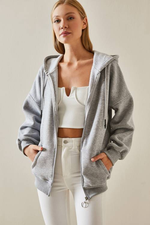 Gri Fermuarlı Kapüşonlü Sweatshirt 4KXK8-47606-03 - 5