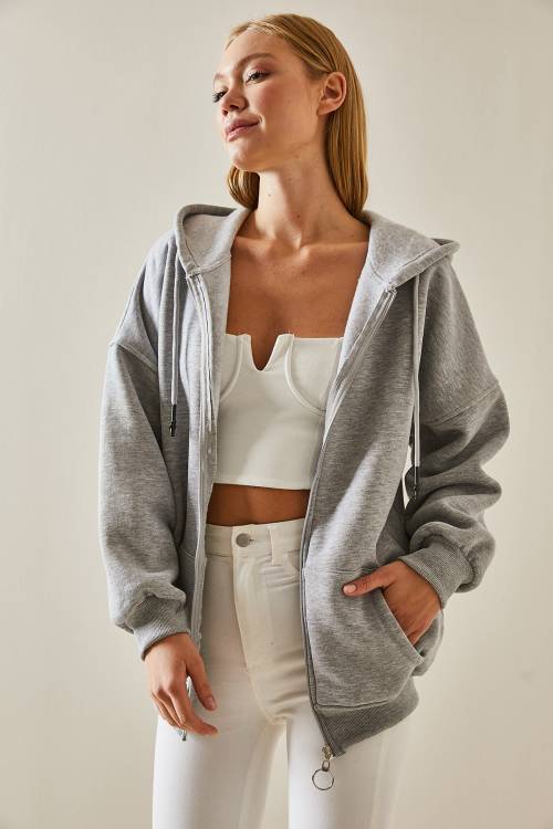 Gri Fermuarlı Kapüşonlü Sweatshirt 4KXK8-47606-03 - 6