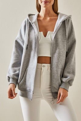 Gri Fermuarlı Kapüşonlü Sweatshirt 4KXK8-47606-03 - XHAN