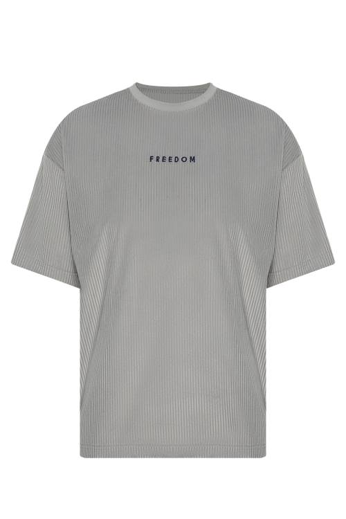 XHAN - Gri Freedom Nakışlı Fitilli Oversize T-Shirt 2YXE2-45986-03