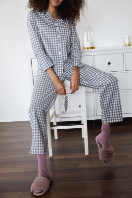 Gri Göz Bantlı Kareli Dokuma Pijama Takımı 2KXK8-45863-03 - 2