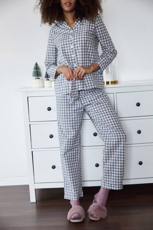 Gri Göz Bantlı Kareli Dokuma Pijama Takımı 2KXK8-45863-03 - 4