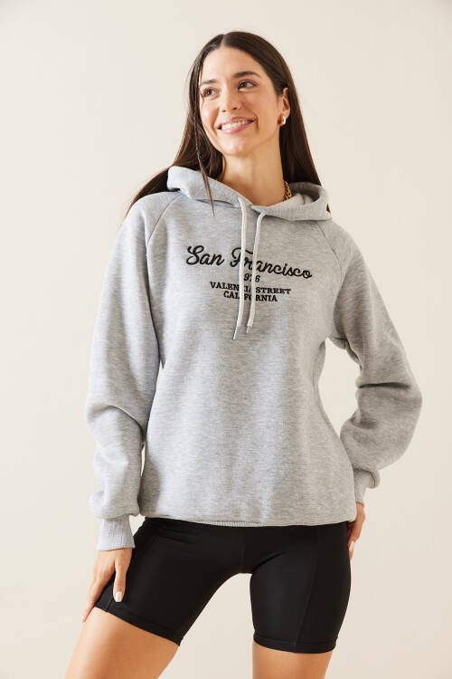 Gri Kapüşonlu Nakışlı Sweatshirt 5KXK8-48985-03 - 3