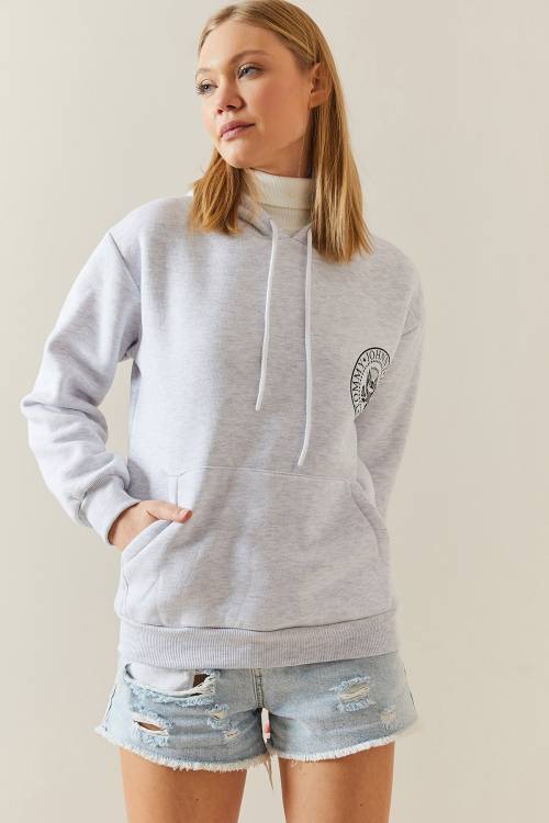 Gri Melanj Şardonlu & Arkası Baskılı Kapüşonlü Sweatshirt 4KXK8-47836-32 - 3