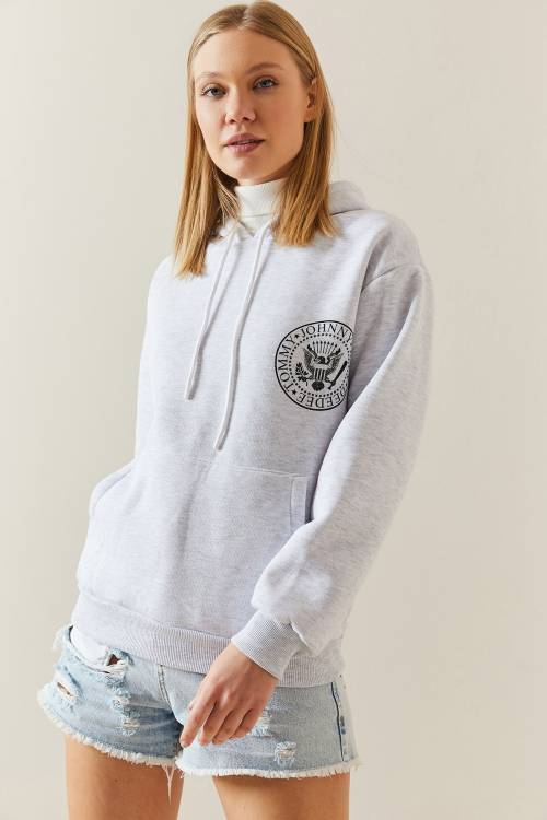 Gri Melanj Şardonlu & Arkası Baskılı Kapüşonlü Sweatshirt 4KXK8-47836-32 - 4