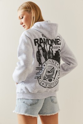 Gri Melanj Şardonlu & Arkası Baskılı Kapüşonlü Sweatshirt 4KXK8-47836-32 - 6