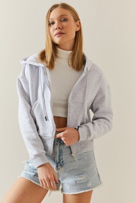 Gri Melanj Şardonlu Fermuarlı & Kapüşonlü Sweatshirt 4KXK8-47837-32 - 2