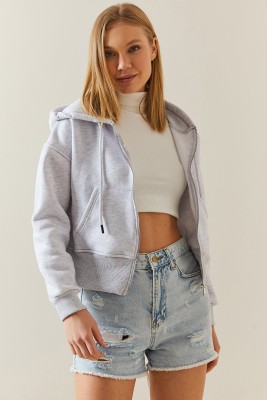 Gri Melanj Şardonlu Fermuarlı & Kapüşonlü Sweatshirt 4KXK8-47837-32 - 3