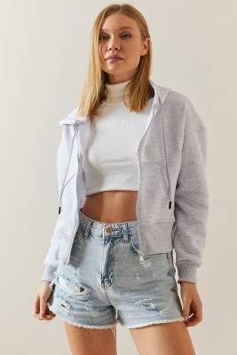 Gri Melanj Şardonlu Fermuarlı & Kapüşonlü Sweatshirt 4KXK8-47837-32 - 4