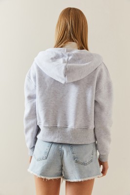 Gri Melanj Şardonlu Fermuarlı & Kapüşonlü Sweatshirt 4KXK8-47837-32 - 5