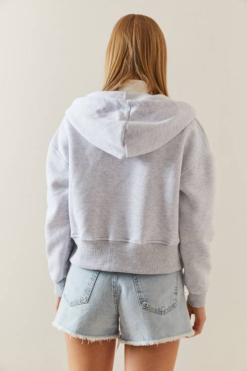 Gri Melanj Şardonlu Fermuarlı & Kapüşonlü Sweatshirt 4KXK8-47837-32 - 5