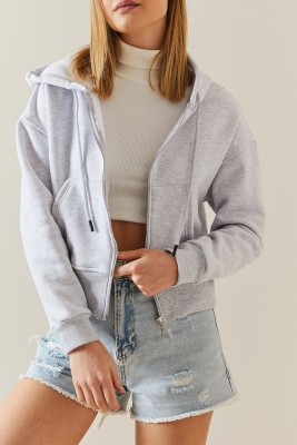 Gri Melanj Şardonlu Fermuarlı & Kapüşonlü Sweatshirt 4KXK8-47837-32 