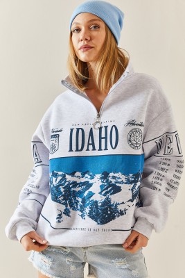 Gri Önü Baskılı Fermuarlı Oversize Sweatshirt 4KXK8-47754-03 - 2