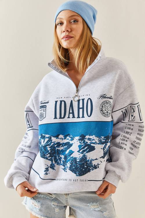 Gri Önü Baskılı Fermuarlı Oversize Sweatshirt 4KXK8-47754-03 - 2