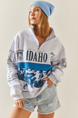Gri Önü Baskılı Fermuarlı Oversize Sweatshirt 4KXK8-47754-03 - 3