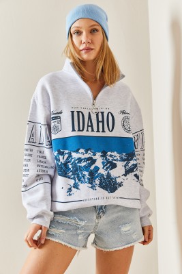 Gri Önü Baskılı Fermuarlı Oversize Sweatshirt 4KXK8-47754-03 - 4