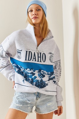 Gri Önü Baskılı Fermuarlı Oversize Sweatshirt 4KXK8-47754-03 - 5
