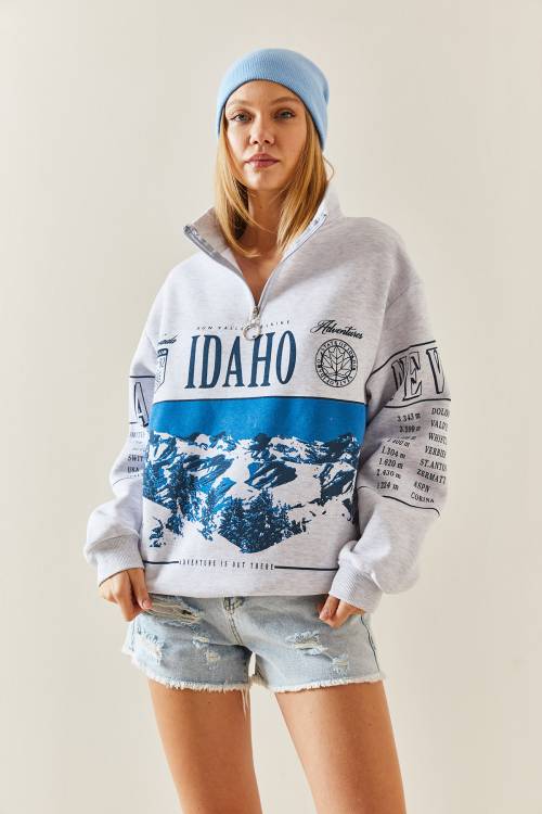 Gri Önü Baskılı Fermuarlı Oversize Sweatshirt 4KXK8-47754-03 - 6