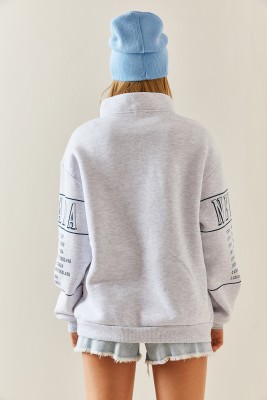 Gri Önü Baskılı Fermuarlı Oversize Sweatshirt 4KXK8-47754-03 - 7