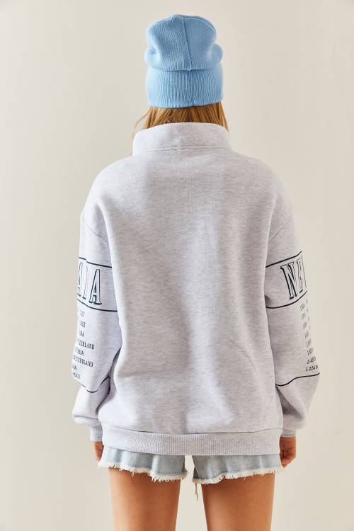 Gri Önü Baskılı Fermuarlı Oversize Sweatshirt 4KXK8-47754-03 - 7