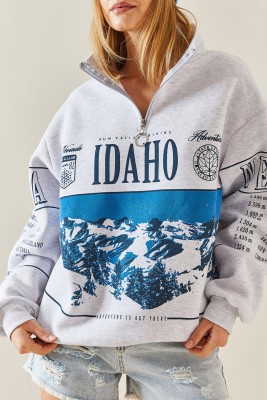 XHAN - Gri Önü Baskılı Fermuarlı Oversize Sweatshirt 4KXK8-47754-03