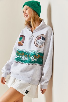Gri Önü Baskılı Fermuarlı Sweatshirt 4KXK8-47753-03 - 2