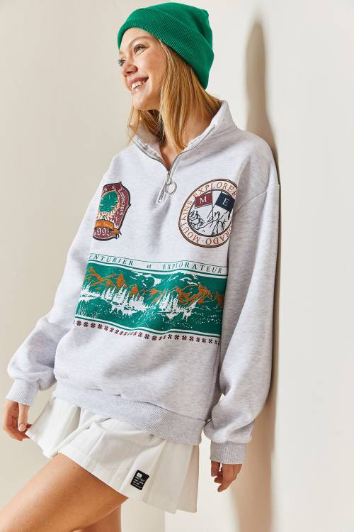 Gri Önü Baskılı Fermuarlı Sweatshirt 4KXK8-47753-03 - 2