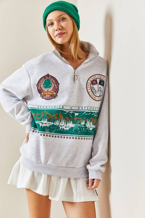 Gri Önü Baskılı Fermuarlı Sweatshirt 4KXK8-47753-03 - 3