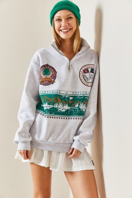 Gri Önü Baskılı Fermuarlı Sweatshirt 4KXK8-47753-03 - 4