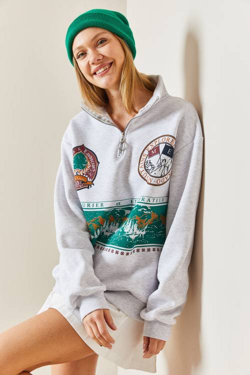 Gri Önü Baskılı Fermuarlı Sweatshirt 4KXK8-47753-03 - 5