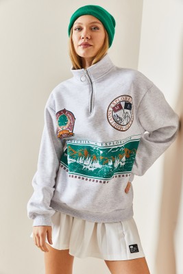 Gri Önü Baskılı Fermuarlı Sweatshirt 4KXK8-47753-03 - 6