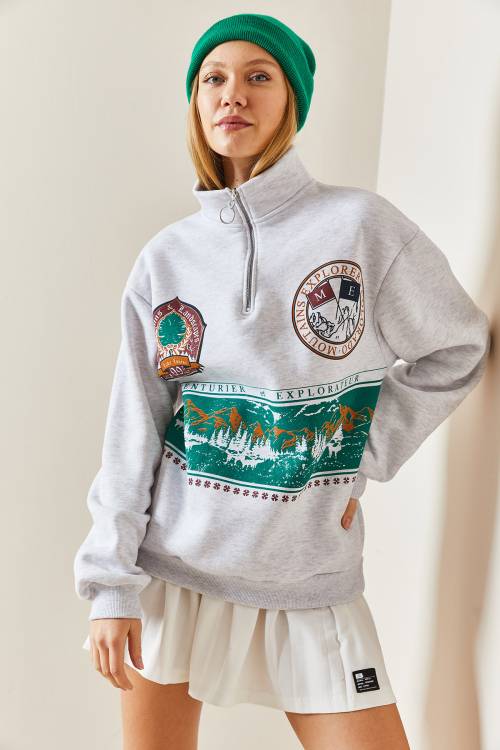 Gri Önü Baskılı Fermuarlı Sweatshirt 4KXK8-47753-03 - 6