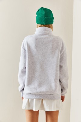Gri Önü Baskılı Fermuarlı Sweatshirt 4KXK8-47753-03 - 7