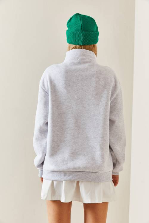 Gri Önü Baskılı Fermuarlı Sweatshirt 4KXK8-47753-03 - 7