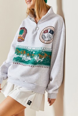 Gri Önü Baskılı Fermuarlı Sweatshirt 4KXK8-47753-03 