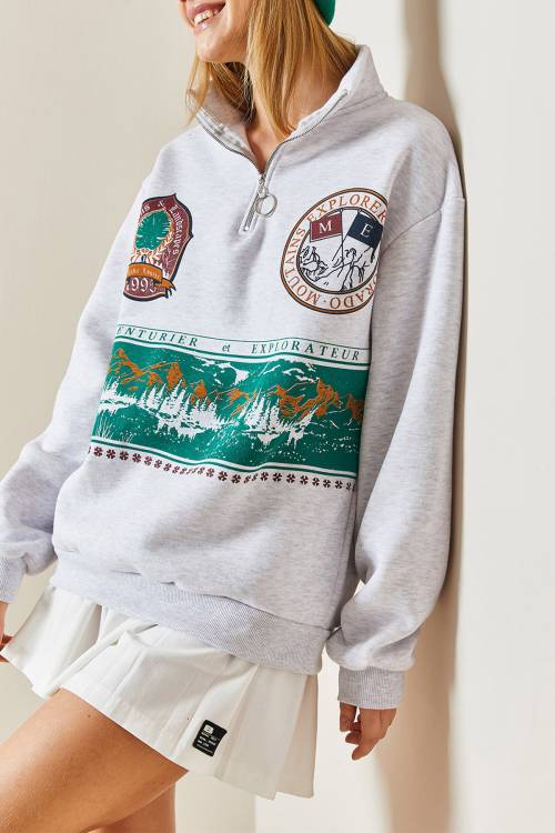 Gri Önü Baskılı Fermuarlı Sweatshirt 4KXK8-47753-03 - 1