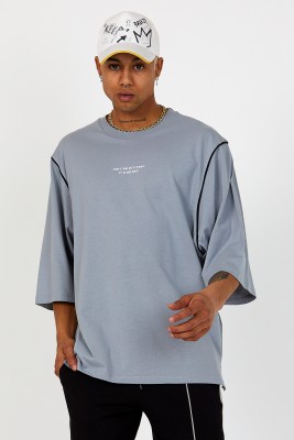 Gri Oversize Reglan Kol Yazılı Tişört 2YXE2-46287-03 