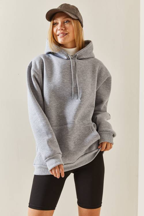 Gri Oversize Şardonlu Kapüşonlü Sweatshirt 4KXK8-47742-03 - 2