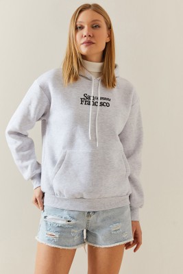 XHAN - Gri Şardonlu & Kapüşonlü Sweatshirt 4KXK8-47834-03