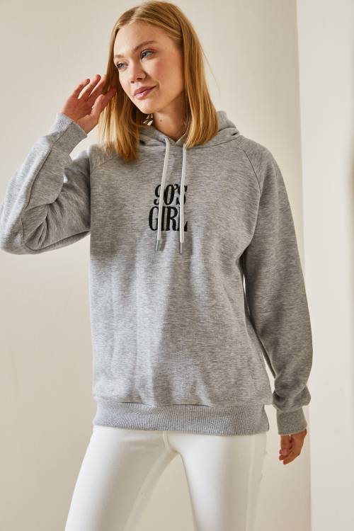 Gri Yazı Detaylı Şardonlu Kapüşonlü Sweatshirt 4KXK8-47593-03 - 2