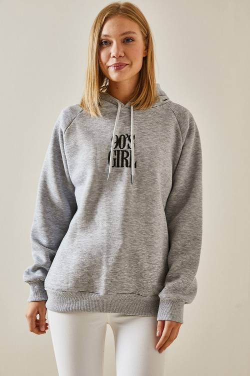 Gri Yazı Detaylı Şardonlu Kapüşonlü Sweatshirt 4KXK8-47593-03 - 5