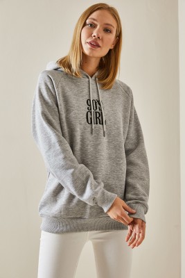 Gri Yazı Detaylı Şardonlu Kapüşonlü Sweatshirt 4KXK8-47593-03 - 6