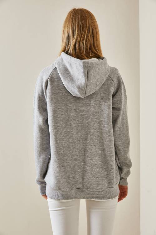 Gri Yazı Detaylı Şardonlu Kapüşonlü Sweatshirt 4KXK8-47593-03 - 7