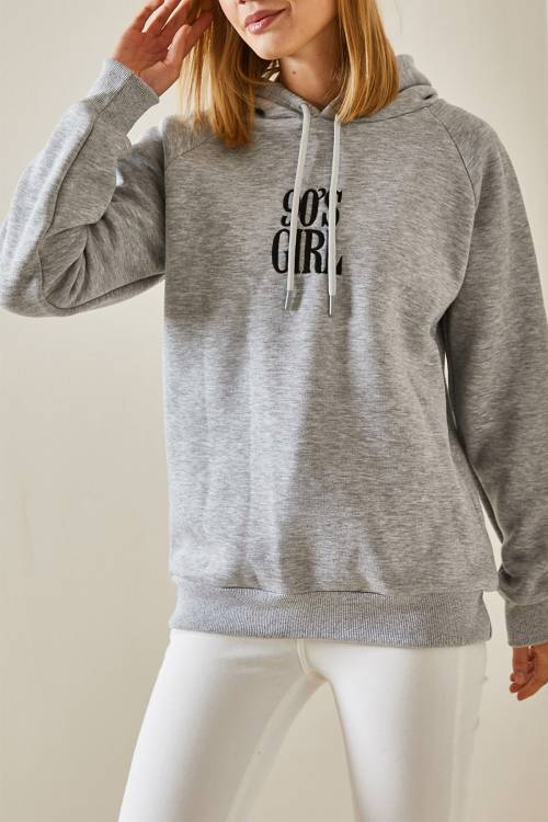 Gri Yazı Detaylı Şardonlu Kapüşonlü Sweatshirt 4KXK8-47593-03 - 1